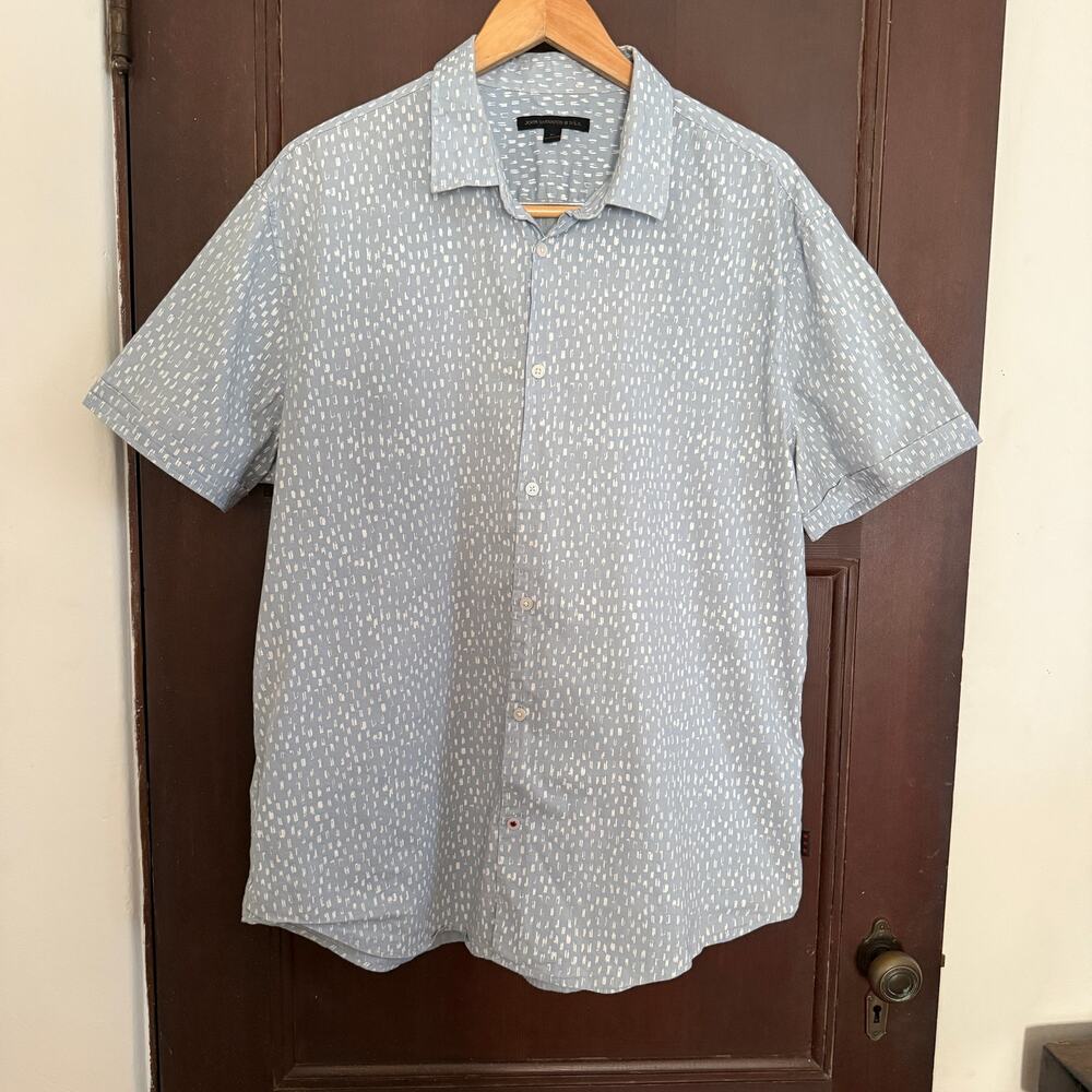 JOHN VARVATOS | Light Blue and White Printed Short Sleeve Button Down Shirt | XL